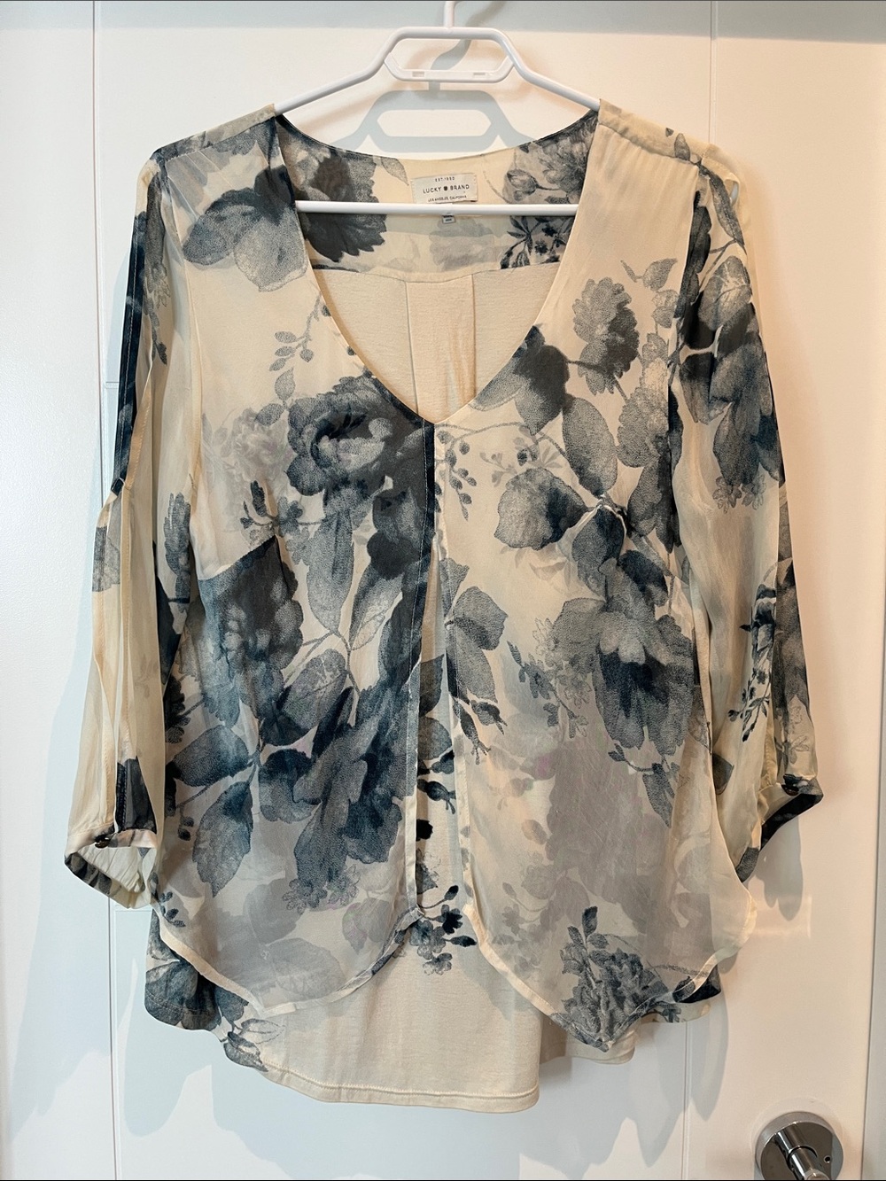 Lucky Brand Cream Blouse with Blue Floral Print